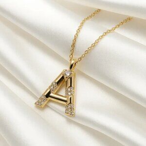 Gold “A” Initial Pendant Necklace w/ Rhinestone Accent – Elegant Letter Jewelry